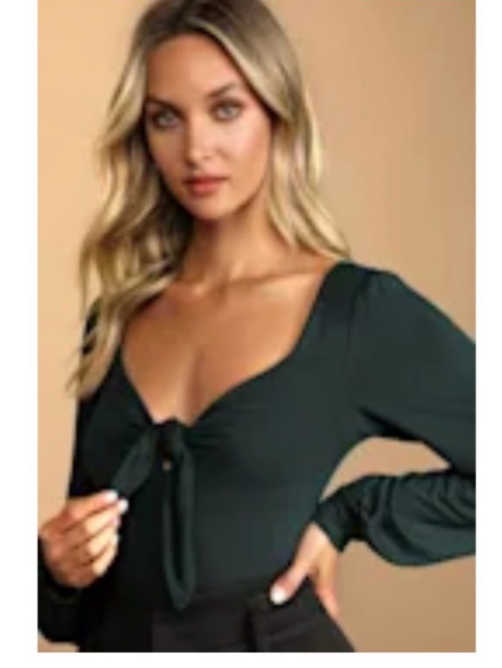 Lulus Green Tie Front Long Sleeve Bodysuit. Size S.